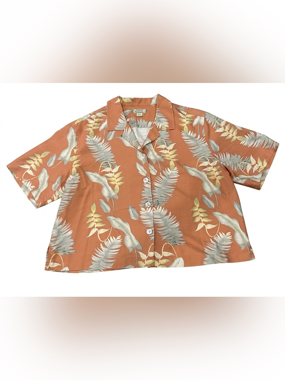 Tommy Bahama Women's L Silk Hawaiian Shirt Short Sleeve Orange Tropical Leaf